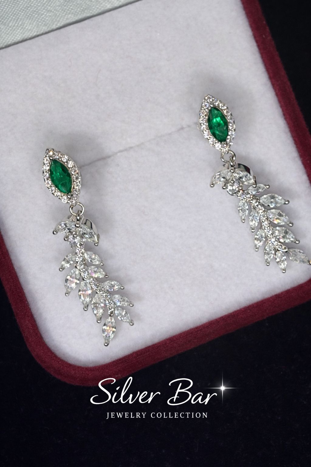 Cercei din argint 925 cu zirconiu verde model frunză, tip drop