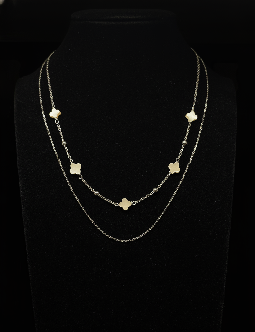 Colier dublu din argint 925 cu motive trifoi si margele