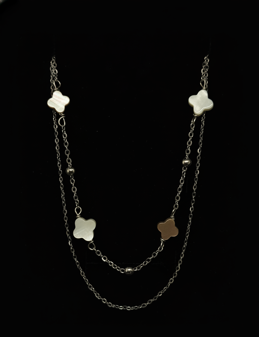 Colier dublu din argint 925 cu motive trifoi si margele