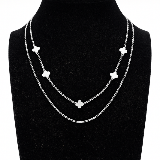 Colier dublu din argint 925 cu motive trifoi si margele